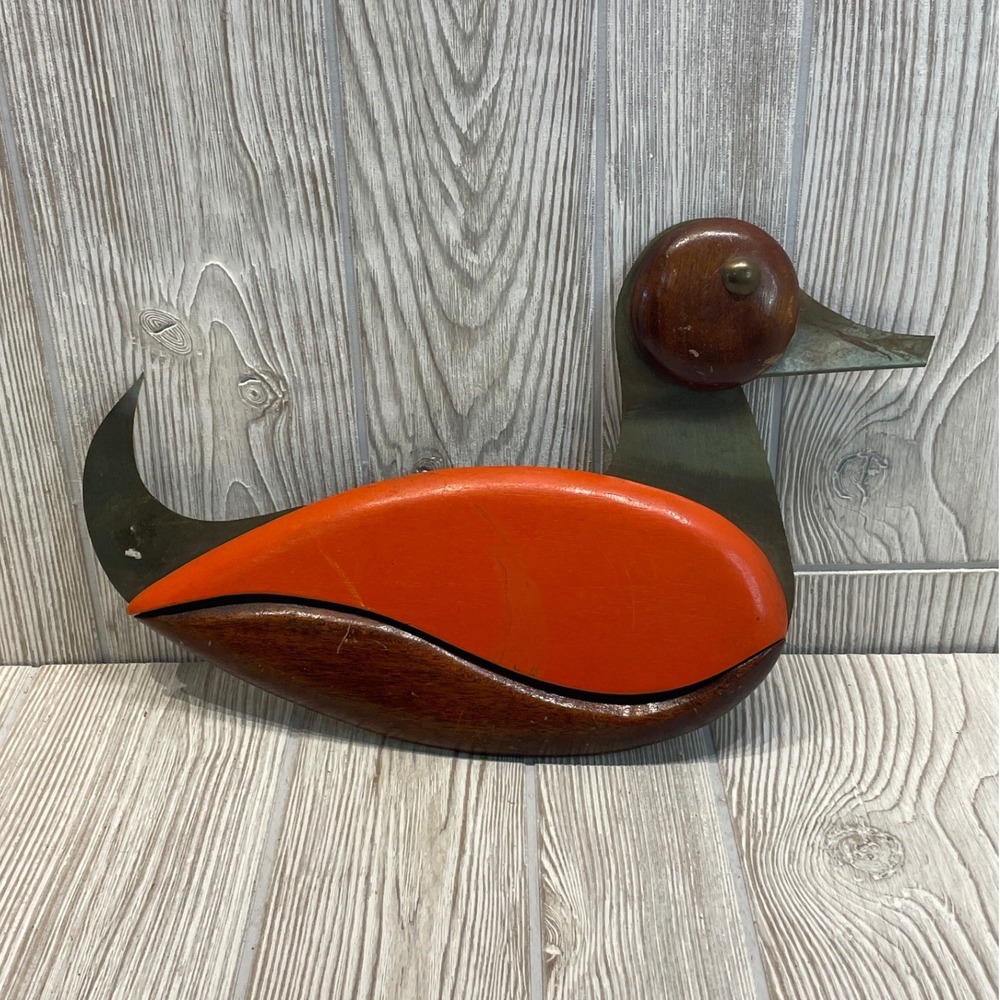 Handmade Vintage Wood and Brass Duck Wall Hanging Mid Century Modern Decor